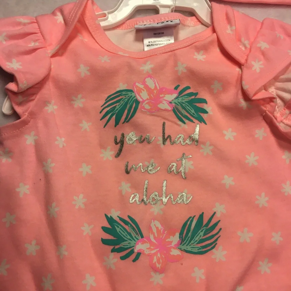 Nicole Miller Romper Set Baby Girl 6-9M Pink Aloha Tropical‎ Good Flutter Sleeve